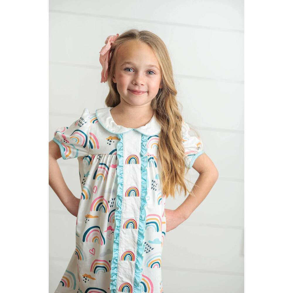 Kids Pastel Rainbow Collared Embroidered Dress